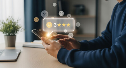 Aufkleber - Person holding a smartphone with a feedback rating interface and floating emotion icons around it