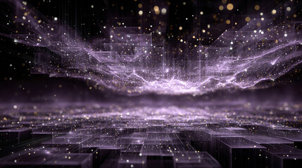 Poster - Purple technology background with horizontal lines and blocks. Abstract digital backdrop representing data transfer and network systems. Sleek design for business presentations and tech concepts.

