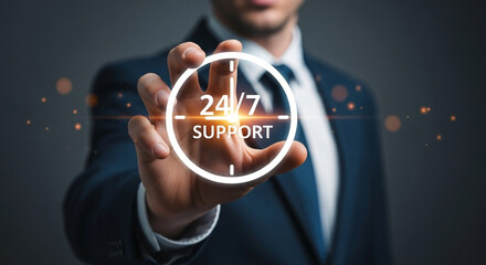 Poster - A businessman presenting a twenty four seven support graphic with his hand in the foreground
