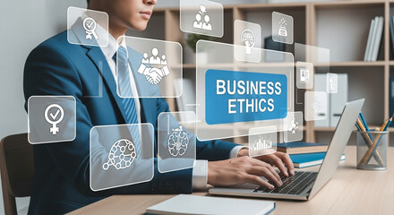 Poster - Man typing on laptop with business ethics graphic overlay in an office setting showing professionalism