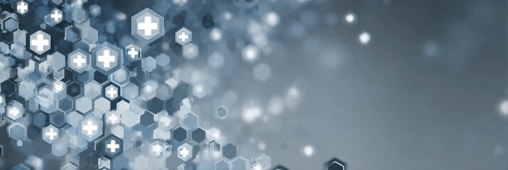 Poster - Abstract Medical-Themed Background Featuring Blue-Grey Tones and Hexagonal Patterns With Plus Symbols for a Modern and Clean Look