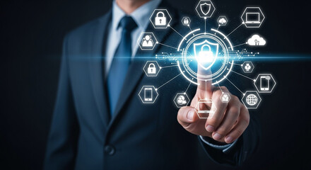 Aufkleber - Businessman in suit interacting with digital security interface on a dark background display panel
