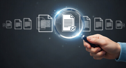 Poster - A hand holding a magnifying glass over a document with a checkmark in a digital environment