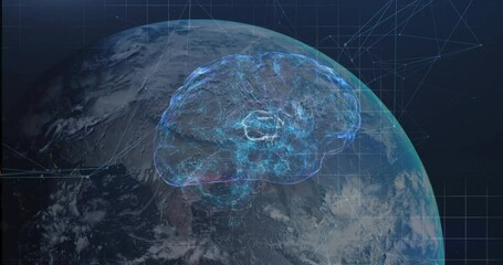 Poster - Upon Earth floating brain hologram appearing, rotating and pulsing nodes visualizing data flow