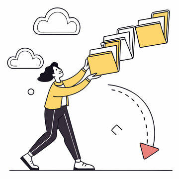 Woman reaching for files cloud storage data transfer