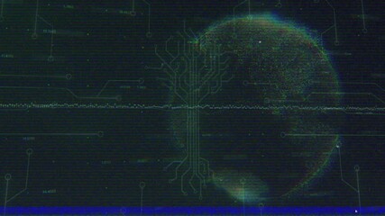 Poster - Flickering glitch lines initiating scan, circuit tree growing, globe rotating revealing network