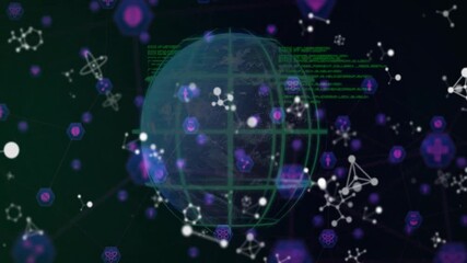 Aufkleber - Grid sphere appearing, molecular nodes orbiting while hex icons pulsing visualizing health data