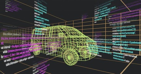 Poster - 3D wireframe igniting yellow van revealing while magenta and cyan code surrounding for data flow
