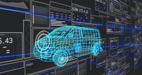 Fototapete - Panel sliding in from left initiating data scanning around cyan wireframe van in digital tunnel