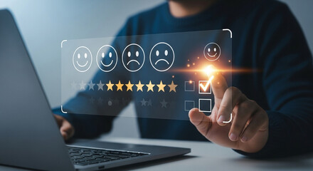 Aufkleber - Person using laptop to give a five star rating with happy face on a digital interface screen