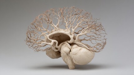 Poster - Clay Brain Sculpture With Exposed Nerves Depicting Intricate Details and Empty Space on the Right
