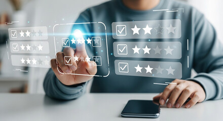 Poster - Person touching a digital screen with star ratings and check marks next to a mobile phone on a table