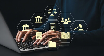 Aufkleber - Hands typing on laptop with legal icons overlayed in a hexagonal pattern on a dark background