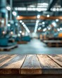 © DeepView - Rustic Wooden Tabletop with Blurred Industrial Factory Background