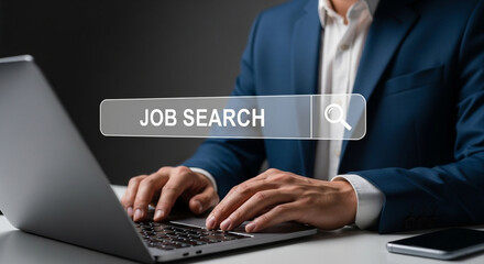 Aufkleber - A person in a suit types on a laptop with a job search bar overlayed on the image in gray tones
