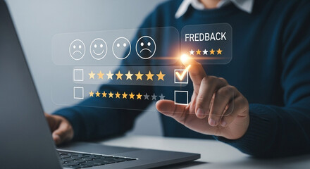 Poster - Person giving five star feedback on a laptop with a digital interface and selecting a checkbox