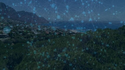 Poster - Third frame starting network overlay lines, nodes fading and expanding over wooded hill shore town