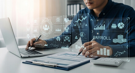 Aufkleber - Man working on laptop with payroll interface and data analysis charts overlaying the workspace