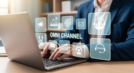 Aufkleber - Man typing on laptop with omni channel icons displayed above the keyboard in a bright setting