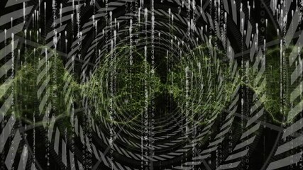 Poster - After 1s delay tunnel rings spinning and green waveform sphere pouring code showing data flow