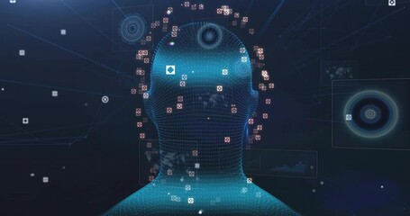 Poster - On load blue wireframe head appearing, rotating right, reversing left and showing network map