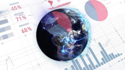 Poster - 3D globe appearing and rotating, charts emerging and arcs intensifying visualizing data trends