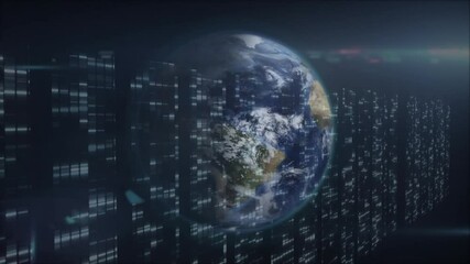Poster - On startup rotating Earth globe appearing through flickering data panels visualizing data flow