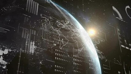 Poster - Dark space starting wireframe Earth emerging grids fading, sun glowing, mapping global connections