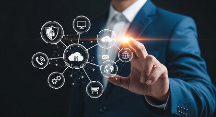 Poster - A man in a suit interacting with a digital interface showing cloud computing and network connections