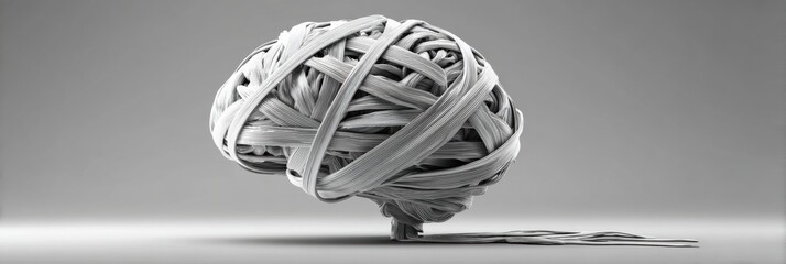 Poster - Conceptual Representation of a Brain Made From Twisted Ribbons Illustrating the Complexity and Tension of Thought Processes in a Minimalist Style