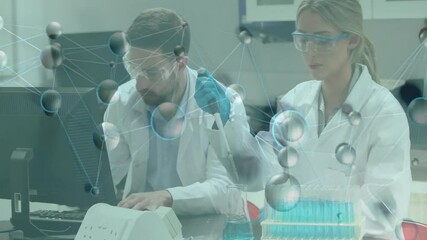 Poster - Researchers inputting data and pipetting samples with molecular graphics showing network analysis