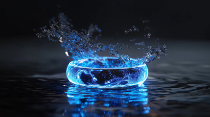 Poster - Sleek futuristic holographic ring hovers in mid air, emitting vibrant blue glow as water splashes around it, creating mesmerizing and dynamic scene