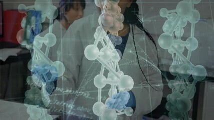 Poster - Molecular animation pulsing in tech lab driving researcher pipetting into vials with peer observing