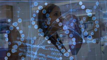 Poster - Studying node overlay on glass, lead scientist grabbing marker drawing network diagram for research