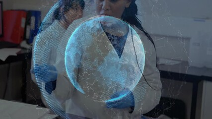 Poster - Globe rotating while scientist in lab using tweezers removing sample transferring specimen logging