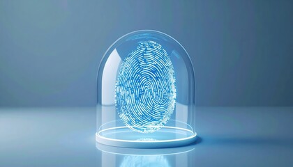Poster - Futuristic digital fingerprint scanner hologram glowing blue security technology concept with transparent dome display on sleek surface for biometric authentication
