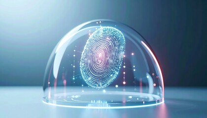 Poster - High tech digital fingerprint recognition technology with glowing fingerprint scan inside futuristic glass dome on dark background