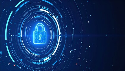 Poster - Digital security concept with glowing lock symbol surrounded by futuristic data technology elements and glowing lines representing cybersecurity and protection