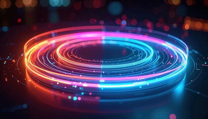 Poster - Vibrant neon light circle with glowing streaks and sparkles in abstract futuristic digital design perfect for technology and innovation themes