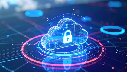 Poster - Digital Cloud Security Icon with Lock Over a Futuristic Tech Background Representing Cloud Data Protection and Cybersecurity Concepts in Digital Environment