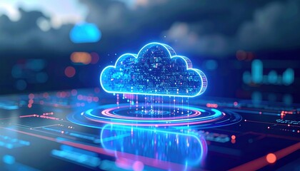 Poster - Bright glowing digital cloud icon representing cloud computing technology with data streaming visualization on a futuristic interface background