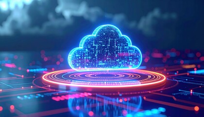 Poster - Digital Cloud Computing Icon with Data Connection and High Technology Network Visualization in Futuristic Neon Style for Cloud Storage and Technology Concept