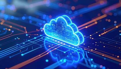 Poster - Futuristic glowing cloud icon representing cloud computing technology with digital data connections and network elements in a high-tech digital environment