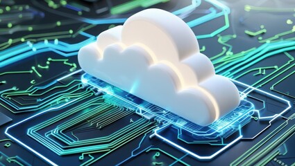 Poster - Cloud computing technology concept with a digital cloud icon on a circuit board background showcasing data transfer and storage in modern information systems