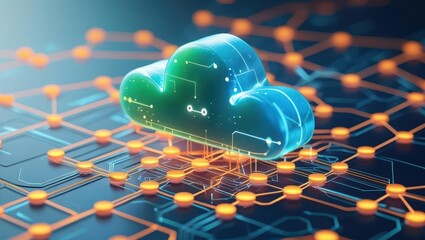 Poster - Advanced digital cloud computing technology illustration depicting data transfer network links and futuristic server infrastructure for technology concept
