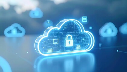 Poster - Modern digital cloud security concept with glowing cloud icon and lock symbols representing data protection and cyber security in a futuristic tech background
