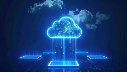 Poster - Highly detailed digital illustration of a glowing blue cloud icon representing cloud computing and data transfer technology with futuristic background and digital elements