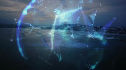 Poster - Pulsing flare causing polygons morphing into 3D globe rotating over coast showing data connections