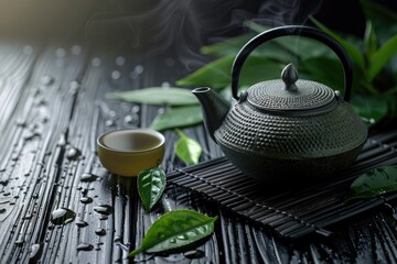Fototapete - High Resolution Picture of Closeup of Green Tea with Teapot on Black Bamboo Table