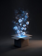 Poster - Glowing Shapes Emerge From an Opened Box in a Dark Environment, Creating a Magical Atmosphere of Wonder and Surprise